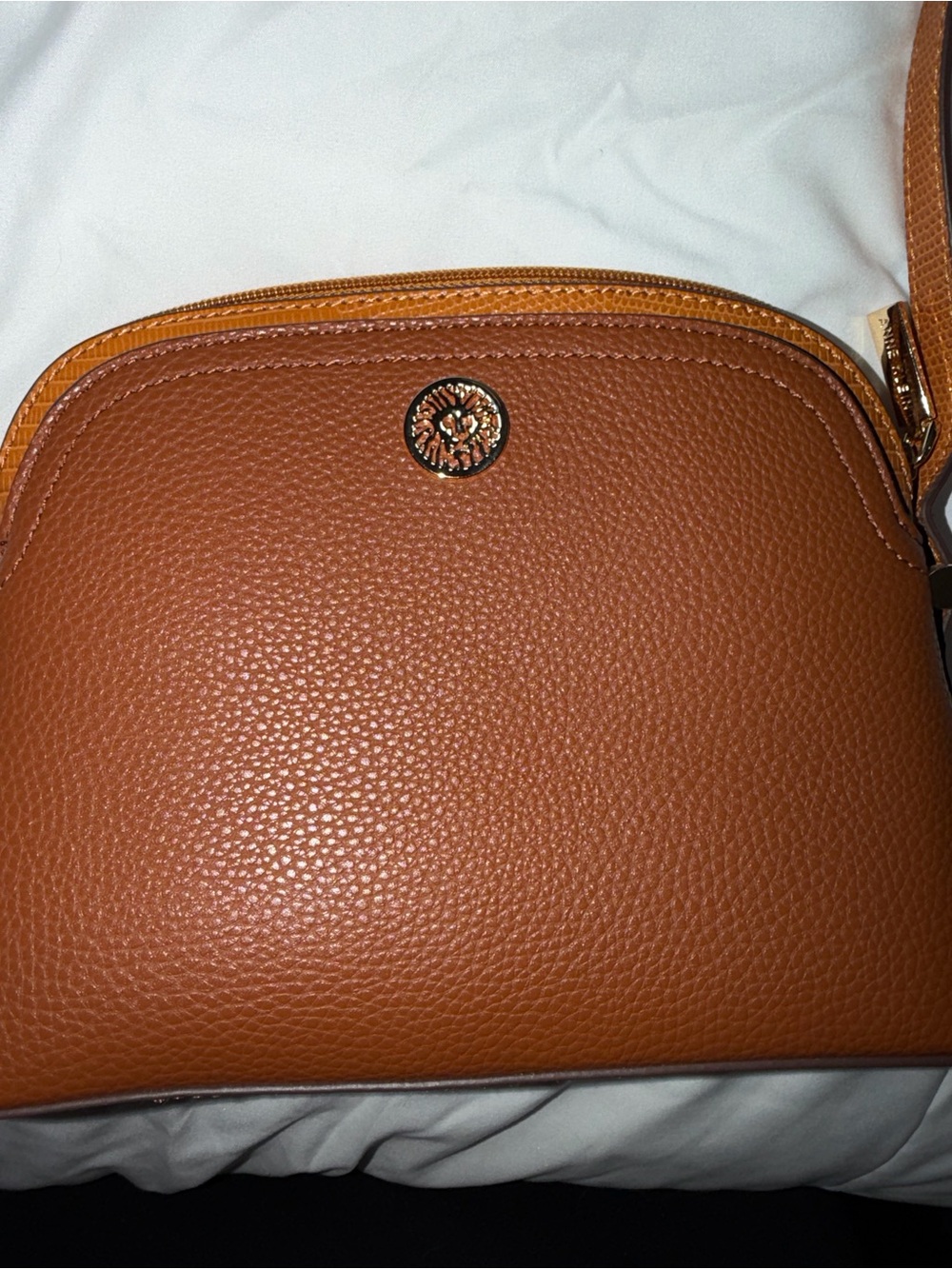Anne Klein Pebbled Crossbody Bag in Cognac Brown with Gold Accent
